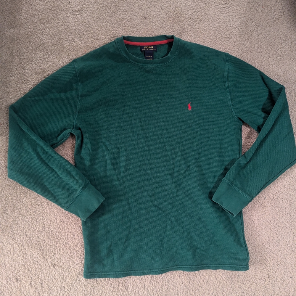 Green Waffle Long Sleeve Polo Shirt Ralph Lauren Mens XL